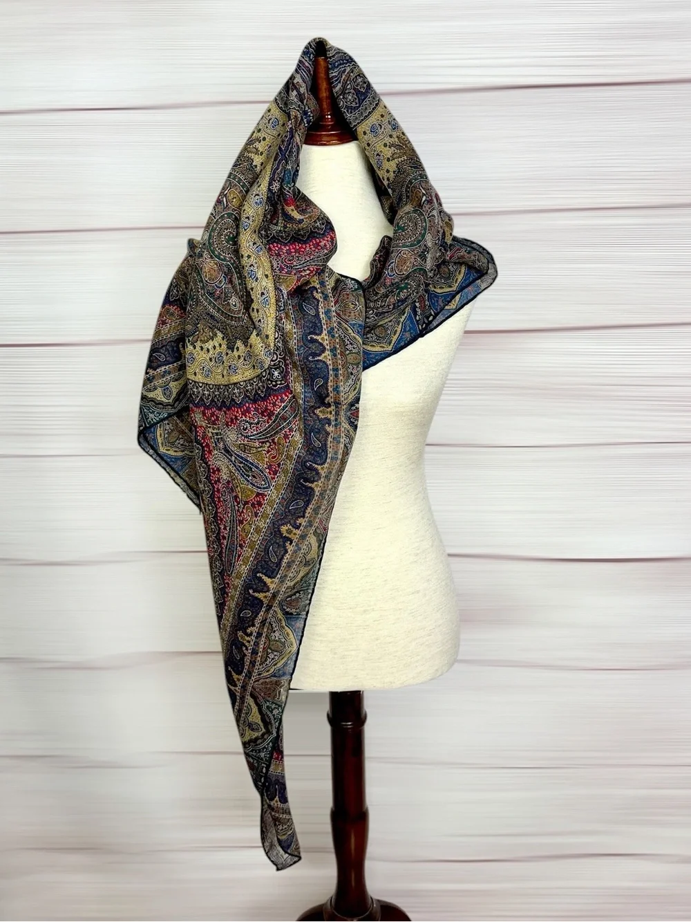 Vintage Large Wool (?) Paisley Shawl Scarf 54” Square Hand Rolled Multicolor